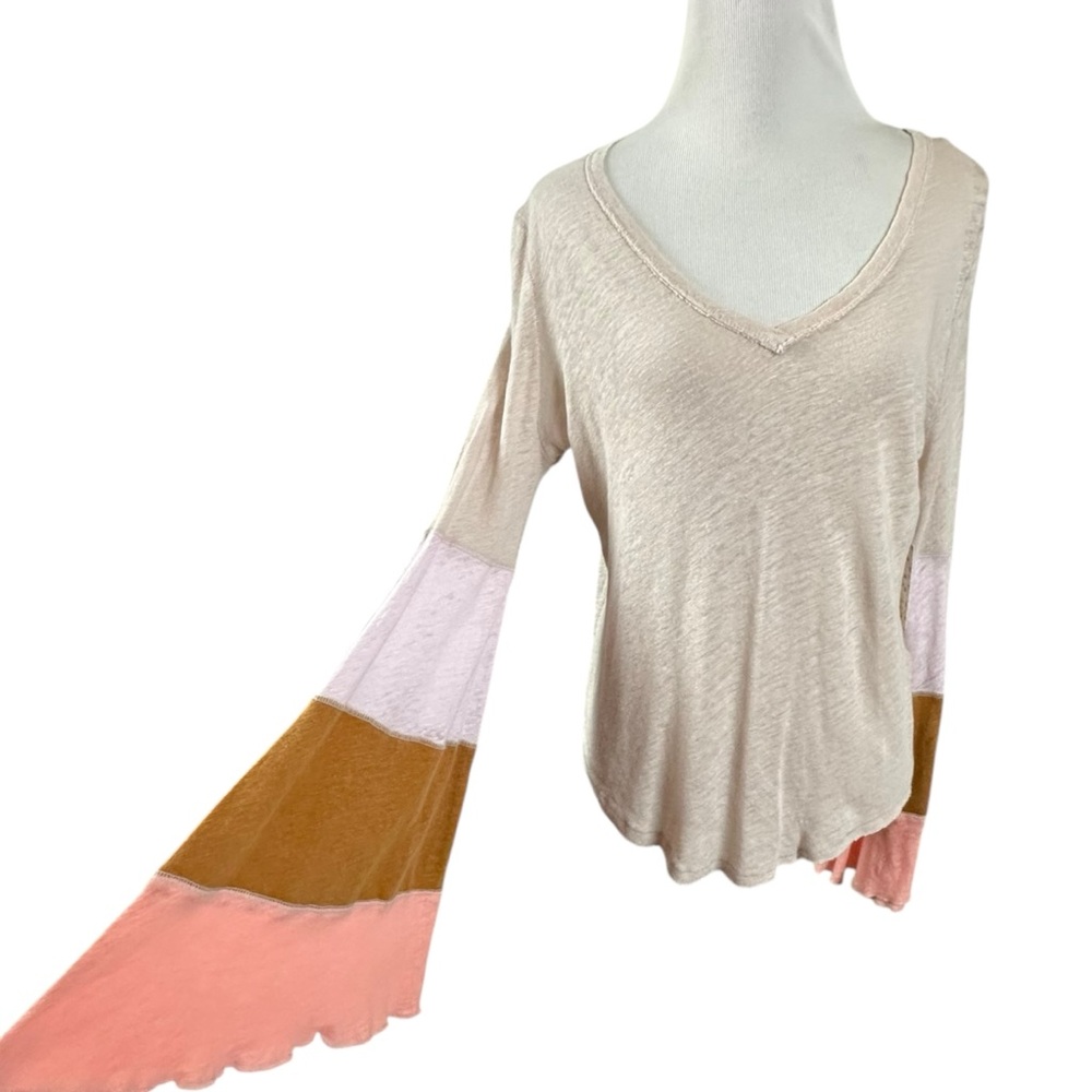 Free People Retro 70s Bohemian Bell Sleeve Neutral V Neck Top Small Linen NWT - Picture 4 of 15